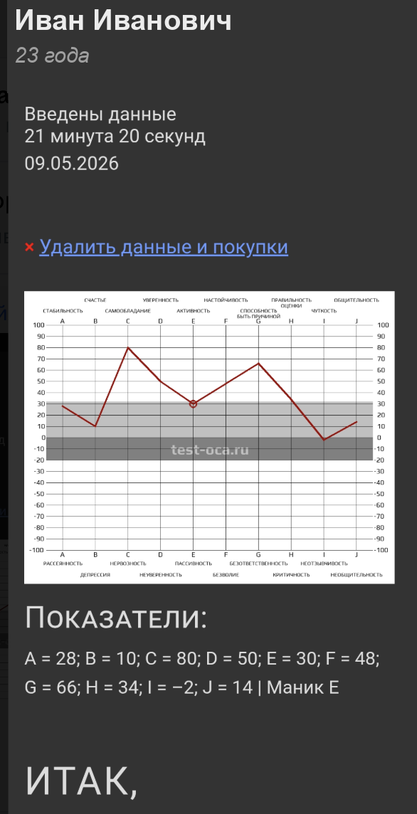 Правильный пример скриншота результата теста ОСА — образец 4